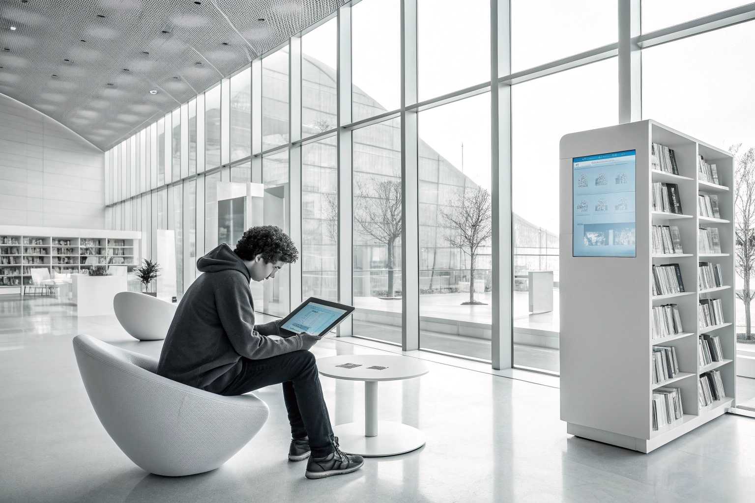 Student interacting with a futuristic minimalist academic learning terminal displaying complex visual metrics